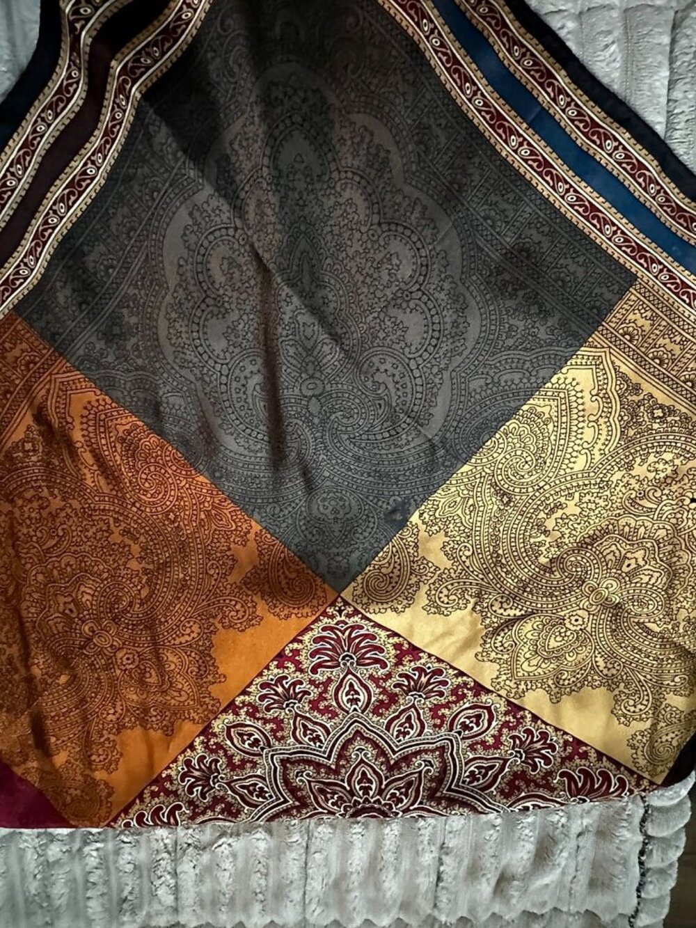 Oscar de la Renta Silk Scarf, Paisley Patchwork in Navy, Burgundy, Gold & Black
